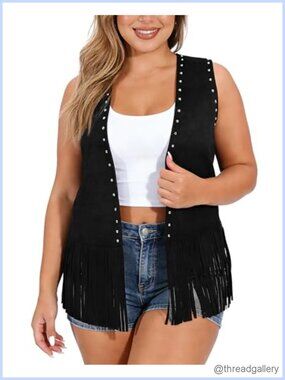 Plus Size Fringe Vest Faux Suede Sleeveless Tassel Jacket Western Cowgirl Boho